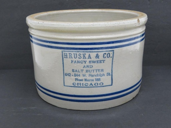 Hruska & Co Fancy Sweet Butter Crock, blue banded, Chicago, 10" diameter