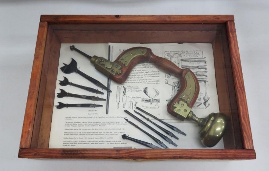 Early Ornate Brace and Bit in shadow box, circa mid 1800's, Pilkington Pedigor & Storr