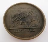 1925 Chicago Milwaukee and St Paul Railway paperweight, to Puget Sound, brass, 3