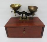 Balance scale on mahogany box with drawer, 10