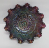 Fenton carnival glass bowl, Persian Medallion, ruffled edge bowl, 7 3/4