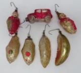Seven vintage Figural Christmas ornaments, Fish, clowns, car, watermelon and pickle