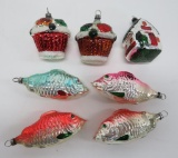 Seven vintage Christmas ornaments, fish, baskets and house, 3