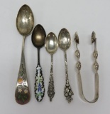 Five sterling spoons and tongs, two with lovely enamel decoration, 3 1/2