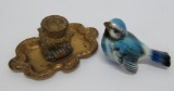 Glass and metal inkwell with cupid and Goebel blue bird