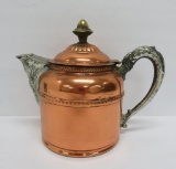 Copper teapot, ornate with silver plate accents, 7
