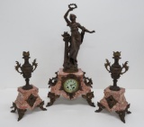 Fabulous French Three piece pink marble clock and candle holder set, L Moreau La Recompense