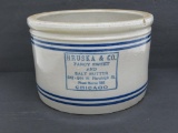 Hruska & Co Fancy Sweet Butter Crock, blue banded, Chicago, 10