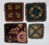 Four tapestry table covering, doilies, great patterns and colors, some metallic threads