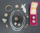 Vintage jewelry lot, crystal beads, rhinestones, bird of paradise pin, ring and bracelot