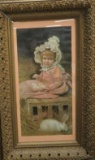 Very large framed print, ornate frame, little girl and bunny, 23