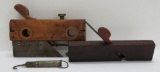 Two antique wood planes and spring scale, 8