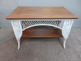 Wicker console table with oak top and shelf, 26