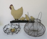 Two vintage egg baskets and vintage inspired metal chicken hooks