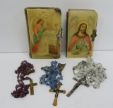 Two lovely celluloid cover prayer books and three glass beaded rosaries