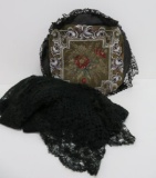Glass bead and needlework pillow with lace throw