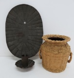 Tin candle sconce and Native American NE basket with glass insert