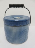 Blue and White Stoneware covered butter crock, Daisy Lattice pattern, bail handle, 5'