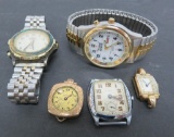 Two men's wristwatches and three woman's wrist watch faces