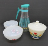 Fire King Fruit and tulip bowls ad Funky water pitcher