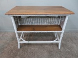 Wicker console library style table with wood top and bookshelf, 36