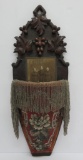 Heavily carved wall pocket, grapes and leaves, beaded and fringed pocket, 22