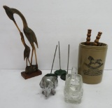 Office and Desk lot, receipt holders, pipe holders, carved birds and crock