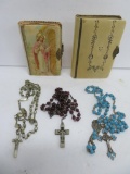 Two vintage prayer books and three glass and stone beaded rosaries