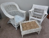 Three pieces of vintage wicker, rocker, side chair and foot stool