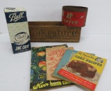 Lakeshire wooden cheese box, A & P Coffee tin, recipe books and zinc lids