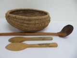 Gathering basket and three wooden spoons, two with advertising