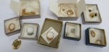 Vintage Avon Jewelry in boxes, necklace, earrings and four size 9 rings