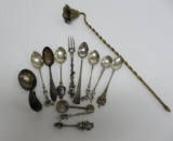 10 souvenir spoons, two spoon pins and candle snuffer
