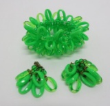 Retro lime green multi layer stretch bracelet and earrings, plastic