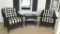 Great three piece black wicker chair and table set with buffalo plaid cushions