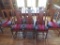 8 T back chairs, black and red Aztec print seat coverings, oak