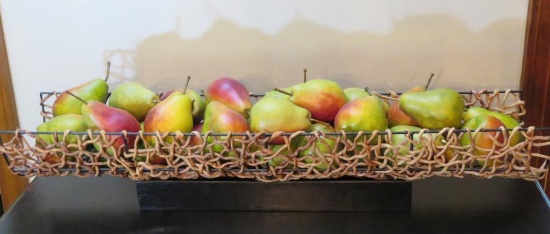 Decorative center piece, woven tray with decorative pears, 32" x 7"