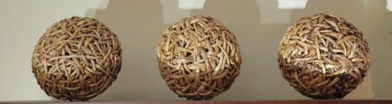 Three rustic decorative orbs, natural spheres, 6 1/2" diameter