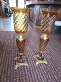 Two large cut to clear amber etched stemmed vases, Bradbury Gallery, 22 1/2