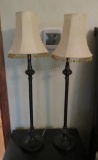 Two metal beaded shade bedside table lamps, working, 29 1/2
