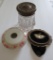 Vanity lot, jar with jeweled lid, hair receiver and wall hanging