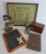 Children's lot with school book, slate, bookend, ABC cup and utensils