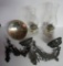 Two cast metal oil lamp brackets, oil lamps and one reflector