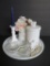 Milk glass lot, tray, covered jar, candle stick and vintage cat eye glasses