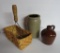 Roycroft jug, stoneware jar and handmade basket