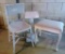 Three white painted furniture pieces, wicker chair, padded seat stool ad plantstand
