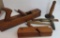 Old wooden tools, planes, draw knife, hammer and pig scraper