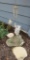 Garden Art lot with rocks, plastic weighted squirrel , bird stake and 15