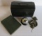 Vintage office lot, bell, receipt holder, writing book and storage box