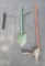 Vintage tool lot, planter, trench shovel, and hooks